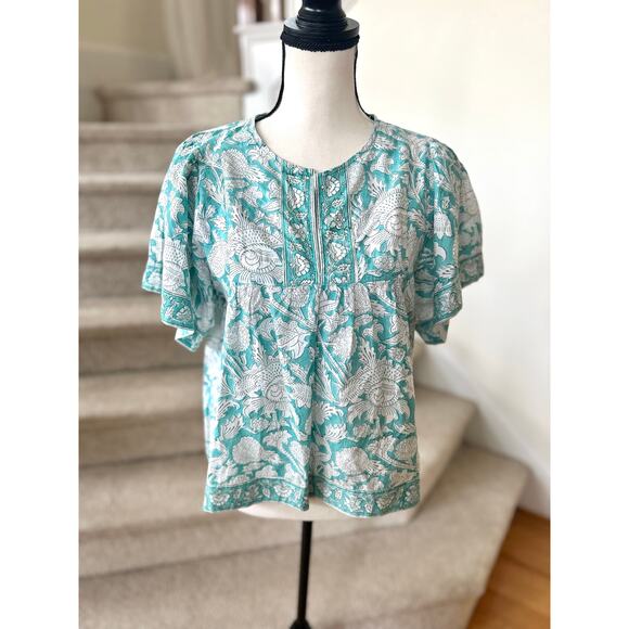 Marea Aqua Blue & White Floral Block Print Short Sleeve Tunic Top - Picture 1 of 6